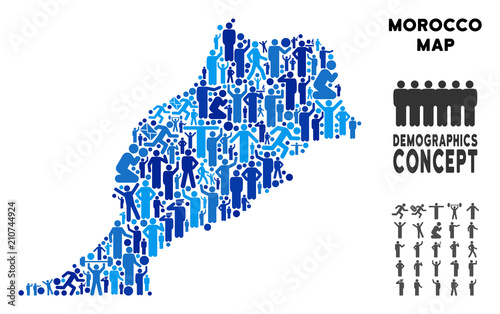 Vector population Morocco map. Demography abstraction of Morocco map done of people with different positions. Demographic map in blue tinges. Abstract social plan of nation mass cartography.