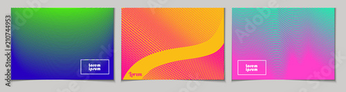 Set of horizontal abstract backgrounds with halftone pattern in neon colors. Collection of gradient textures with geometric ornament. Design template of flyer, banner, cover, poster. Vector 