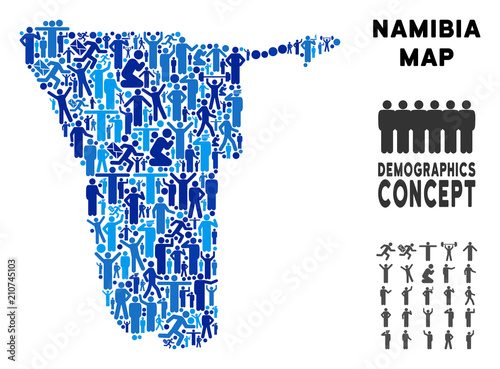 Vector population Namibia map. Demography concept of Namibia map done of humans with different positions. Demographic map in blue tones. Abstract social plan of nation group cartography.