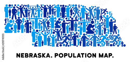 Vector population Nebraska State map. Demography mosaic of Nebraska State map organized of men with different postures. Demographic map in blue tints.