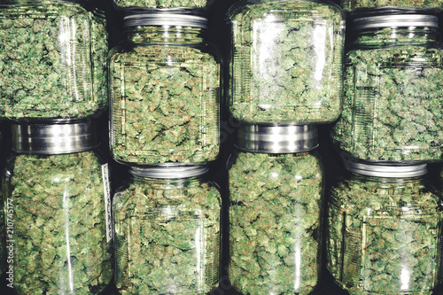 Marijuana Buds in Glass Jar Stack
