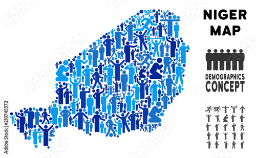 Vector population Niger map. Demography abstraction of Niger map done of people with variable postures. Demographic map in blue variations. Abstract social representation of nation group cartography.