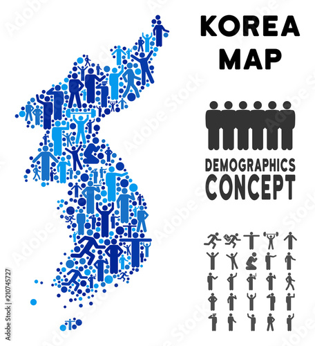 Vector population North and South Korea map. Demography composition of North and South Korea map constructed of people with different poses. Demographic map in blue tints.