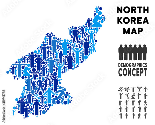 Vector population North Korea map. Demography concept of North Korea map composed of men with variable poses. Demographic map in blue tints.