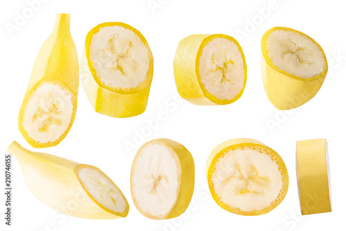 Collection slised banana fruits isolated on white background photo