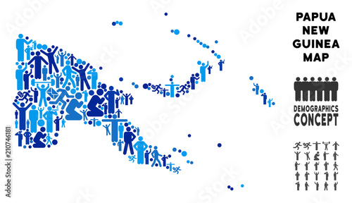 Vector population Papua New Guinea map. Demography concept of Papua New Guinea map designed of humans with different poses. Demographic map in blue tones.