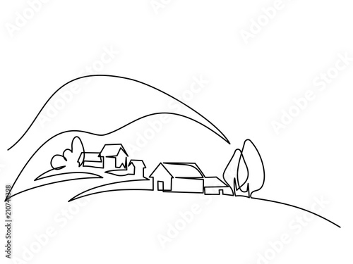 Continuous line drawing. Landscape with village on hill. Vector illustration. Concept for logo, card, banner, poster, flyer