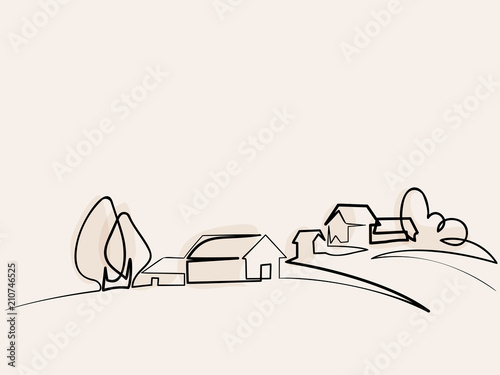 Continuous line drawing. Landscape with village on hill. Vector color illustration. Concept for logo, card, banner, poster, flyer photo
