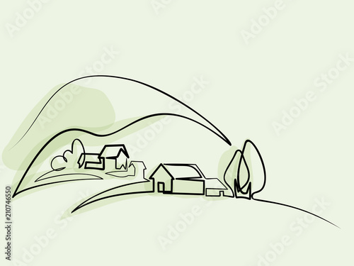 Continuous line drawing. Landscape with village on hill. Vector color illustration. Concept for logo, card, banner, poster, flyer