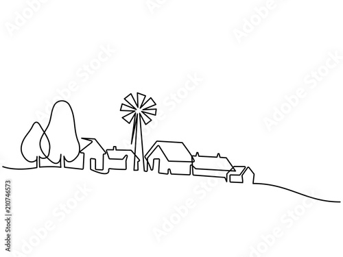 Continuous line drawing. Landscape with village on hill. Vector illustration. Concept for logo, card, banner, poster, flyer