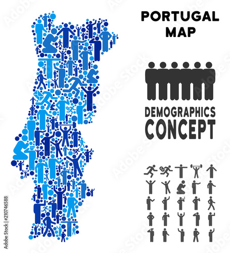 Vector population Portugal map. Demography concept of Portugal map designed of men with variable poses. Demographic map in blue tones. Abstract social representation of nation group cartography.