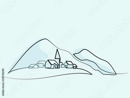 Continuous line drawing. Landscape with village on hill. Vector illustration. Concept for logo, card, banner, poster, flyer