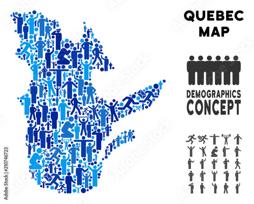 Vector population Quebec Province map. Demography composition of Quebec Province map composed of men with variable positions. Demographic map in blue tints.
