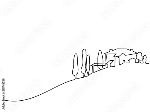 Continuous line drawing. Landscape with village on hill. Vector illustration. Concept for logo, card, banner, poster, flyer