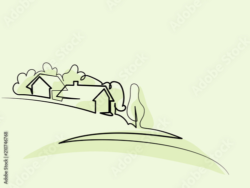 Continuous line drawing. Landscape with village on hill. Vector illustration. Concept for logo, card, banner, poster, flyer