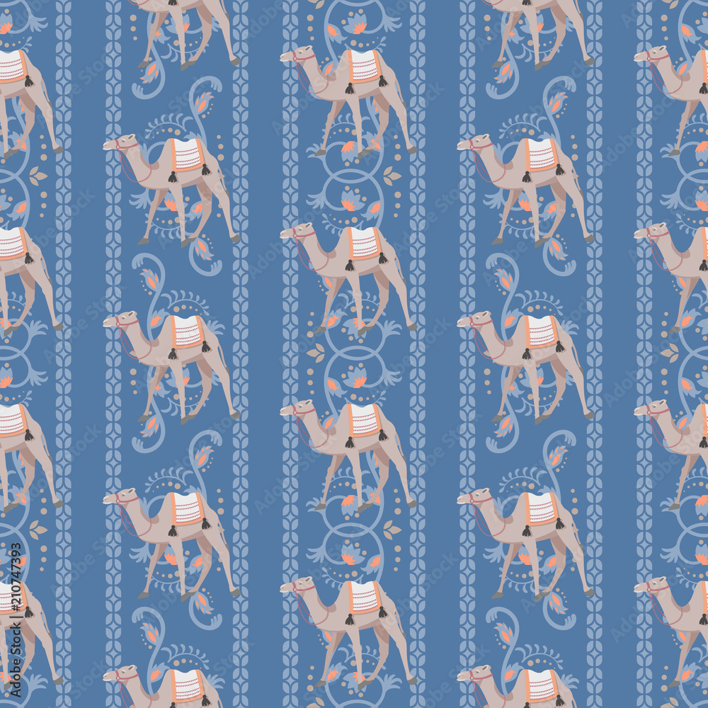 Vector seamless pattern with camels and oriental decorative motifs. Ethnic blue flourish elements background.