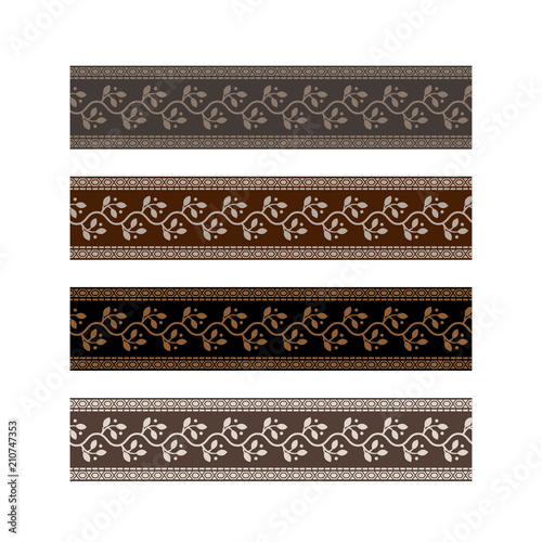 Strap pattern design tape with leaf ornament. Fancy strap brown belt border swatch vector.