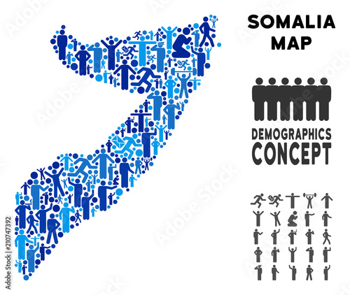 Vector population Somalia map. Demography collage of Somalia map organized of people with variable poses. Demographic map in blue tinges. Abstract social scheme of national group cartography.