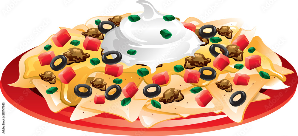 illustration of a plate of nachos with cheese and sour cream