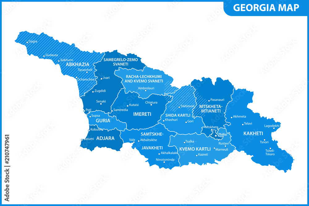 The detailed map of the Georgia with regions or states and cities, capital. Administrative division. South Ossetia and Abkhazia are marked as a disputed territory