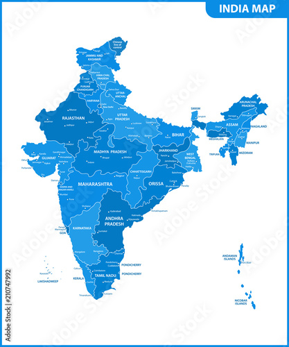 The detailed map of the India with regions or states and cities, capital. Administrative division.