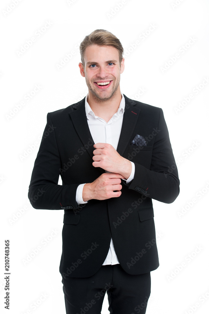 Professional dress code. Man happy well groomed in formal suit, isolated white background. Male fashion concept. Businessman gentleman dressed professional suit. Business dress code mean for men suit Professional dress code. Man happy well groomed in formal suit, isolated white background. Male fashion concept. Businessman gentleman dressed professional suit. Business dress code mean for men suit