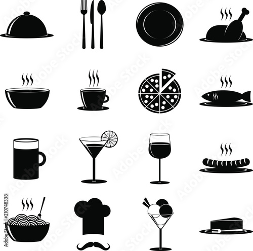 Set of pictograms - restaurant/ food/ dishes/ drinks - 16 illustrations.