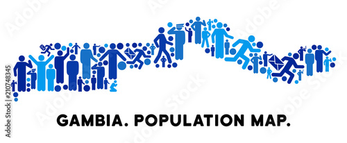 Vector population the Gambia map. Demography composition of the Gambia map done of crowd with variable postures. Demographic map in blue tints. Abstract social scheme of nation community cartography.