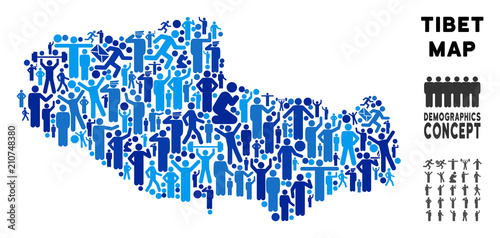 Vector population Tibet Chinese territory map. Demography composition of Tibet Chinese territory map constructed of men with variable positions. Demographic map in blue shades.