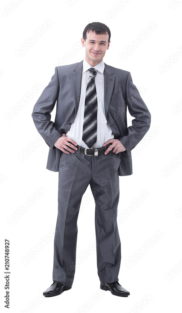 Full length of young successful manager smiling isolated Full length of young successful manager smiling isolated