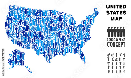 Vector population USA with Alaska map. Demography composition of USA with Alaska map designed of people with variable positions. Demographic map in blue variations.