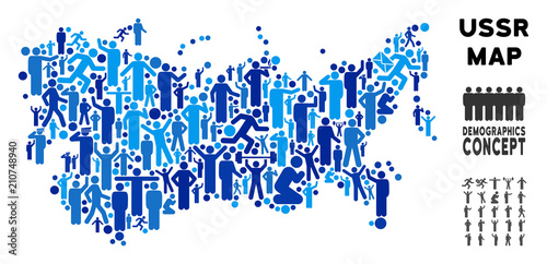 Vector population USSR map. Demography abstraction of USSR map combined of men with different poses. Demographic map in blue shades. Abstract social representation of national community cartography.