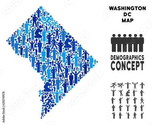 Vector population Washington DC map. Demography mosaic of Washington DC map made of humans with different positions. Demographic map in blue tones.