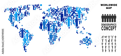 Vector population world map. Demography collage of world map designed of men with variable positions. Demographic map in blue tinges. Abstract social plan of national audience cartography.