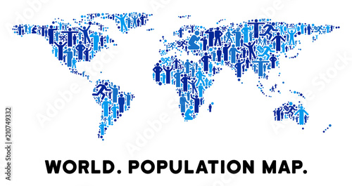 Vector population world map. Demography collage of world map combined of crowd with different positions. Demographic map in blue tinges. Abstract social plan of nation group cartography.