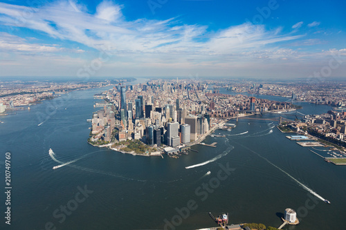 Aerial view of  Manhattan, Battery Park, freedom tower, Downtown.The picture was taken from a door off helicopter. October 2017