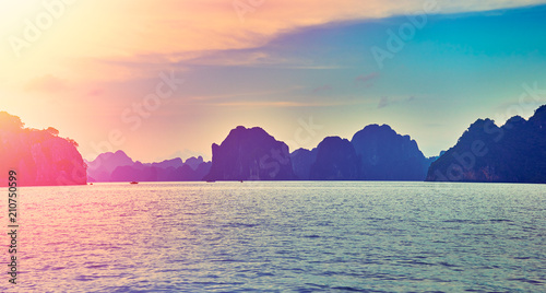 Halong bay boats,Sunset at Ha Long Bay scenic view , Hanoi, Vietnam