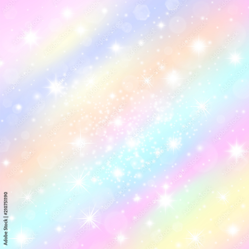 Vanilla sky sundogs morning pastel rainbow tints background with shining stars. Sparkling stardust glitter for princess celebrations posters and banners. Dreamy holographic mood banner.