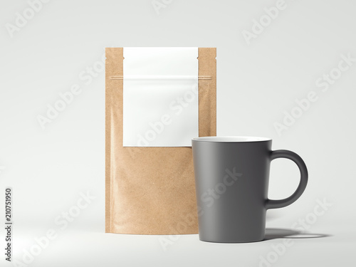 Dark cup and paper bag mockup, 3D rendering