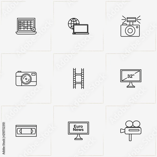 Photo And Video line icon set with camera film , video cassette  and photo camera