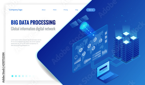 Isometric Big data processing, Global information digital network concept, datacenter, data base, digital information technology. Website banner templates.