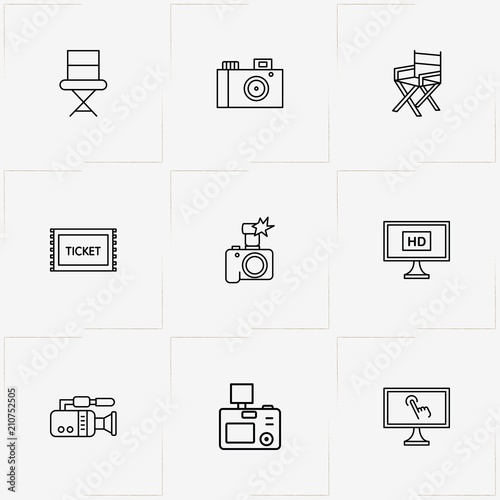 Photo And Video line icon set with video camera, producer chair and television