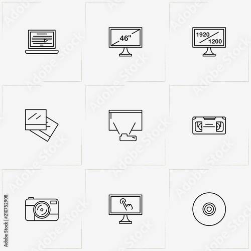 Photo And Video line icon set with compact disk, television and laptop