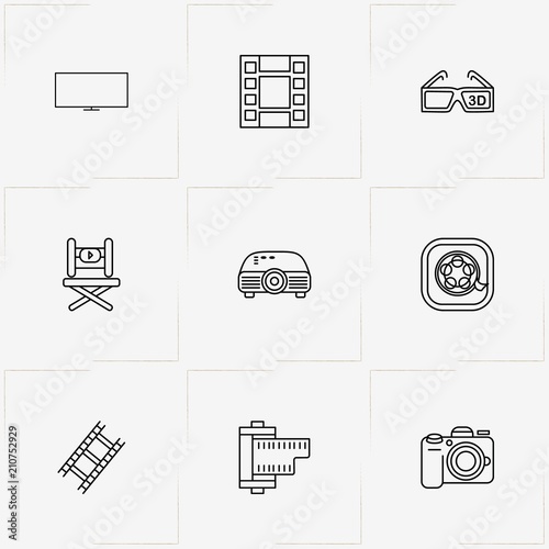 Photo And Video line icon set with photo camera, television and producer chair