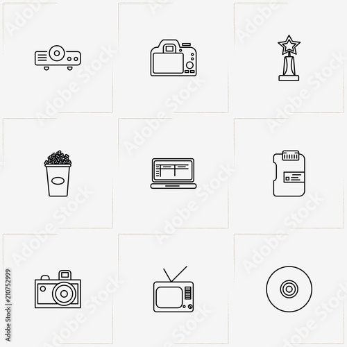 Photo And Video line icon set with projector, photo camera and television