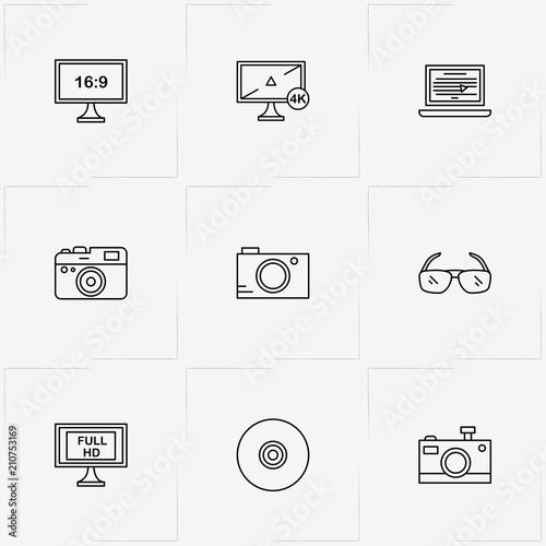 Photo And Video line icon set with television, laptop and spectacle