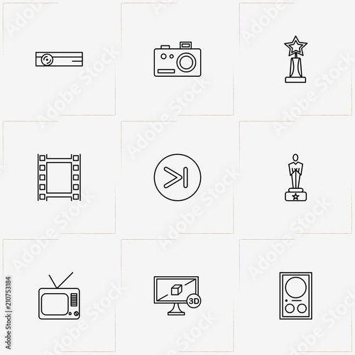 Photo And Video line icon set with loudspeaker column, projector and television