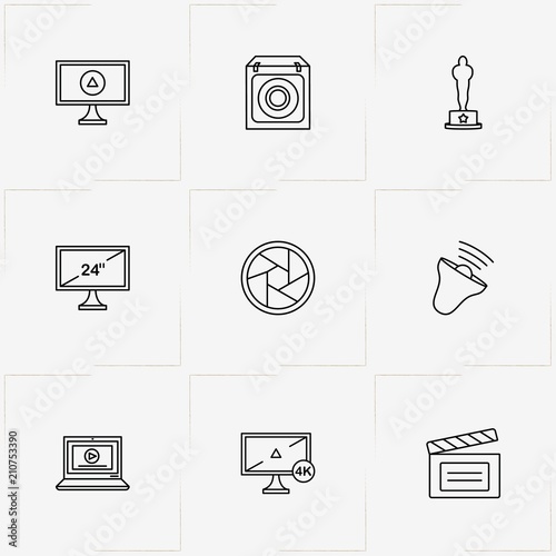 Photo And Video line icon set with laptop, loudspeaker column and television