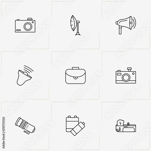 Phototechnique line icon set with battery grip, photo camera and photo camera flash stand