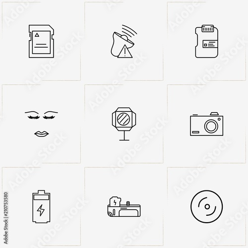 Phototechnique line icon set with memory card , loudspeaker and camera lens